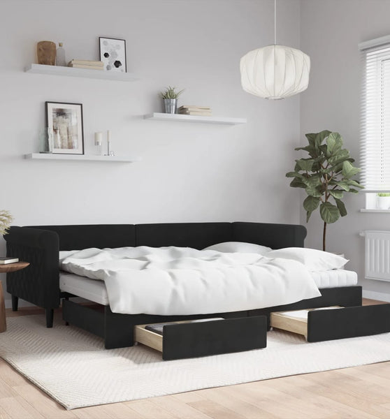 Tagesbett Ausziehbar mit Schubladen Schwarz 90x200 cm Samt