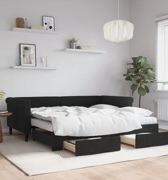 Tagesbett Ausziehbar mit Schubladen Schwarz 90x190 cm Samt