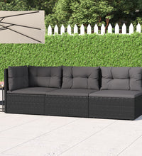 3-tlg. Garten-Lounge-Set mit Kissen Schwarz Poly Rattan