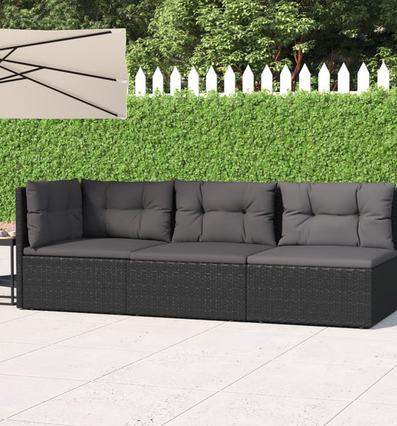 3-tlg. Garten-Lounge-Set mit Kissen Schwarz Poly Rattan