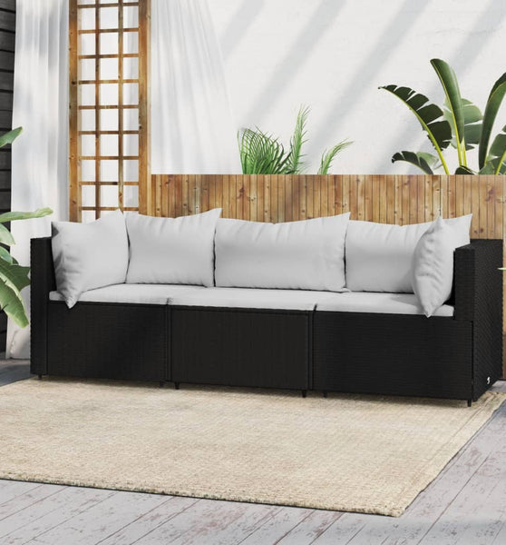 3-tlg. Garten-Lounge-Set mit Kissen Schwarz Poly Rattan