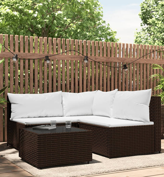 4-tlg. Garten-Lounge-Set mit Kissen Braun Poly Rattan