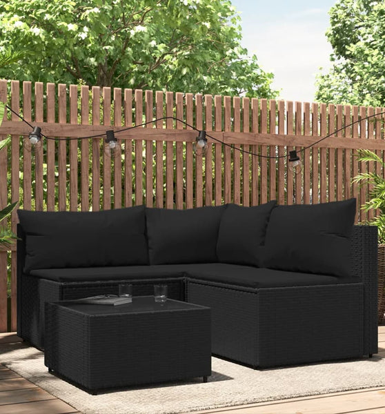 4-tlg. Garten-Lounge-Set mit Kissen Schwarz Poly Rattan