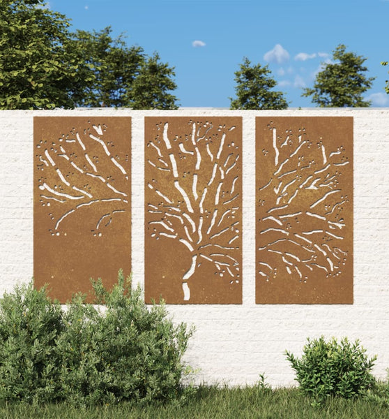 3-tlg. Garten-Wanddeko 105x55 cm Cortenstahl Baum-Design