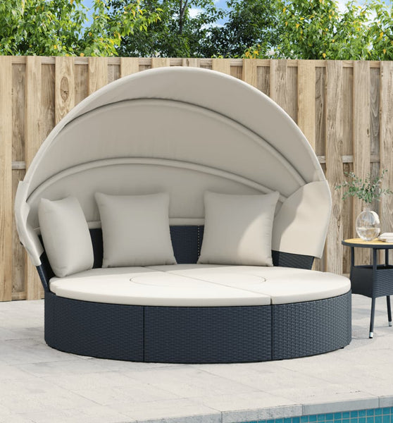 Outdoor-Loungebett mit Dach und Kissen Schwarz Poly Rattan