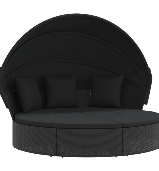 Outdoor-Loungebett mit Dach und Kissen Schwarz Poly Rattan