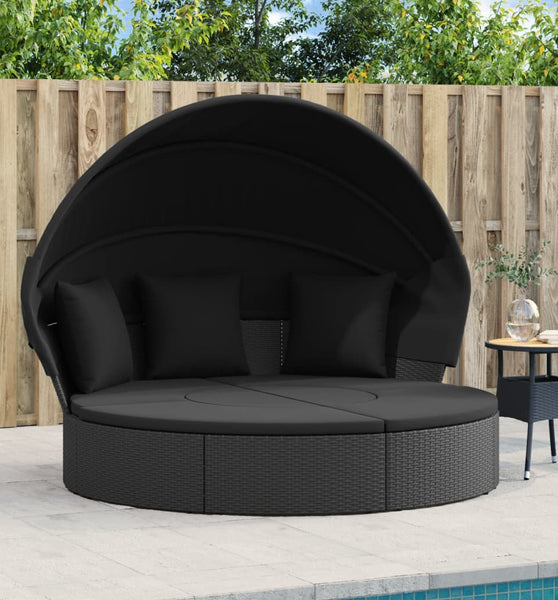 Outdoor-Loungebett mit Dach und Kissen Schwarz Poly Rattan