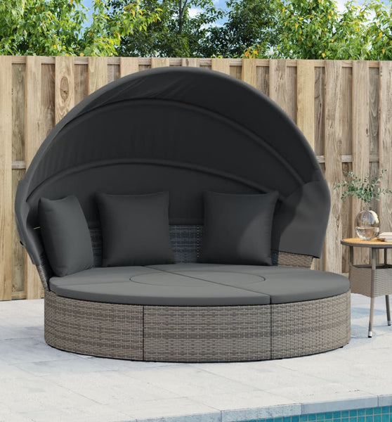 Outdoor-Loungebett mit Dach und Kissen Grau Poly Rattan