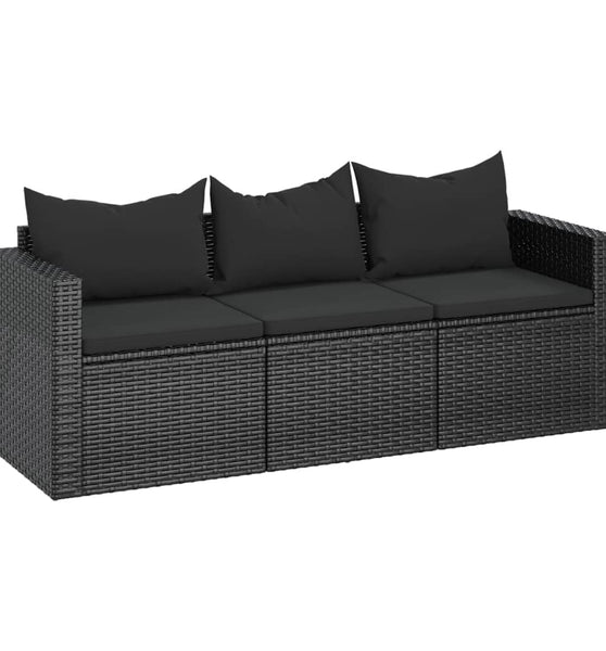 3-Sitzer-Gartensofa mit Kissen Schwarz Poly Rattan