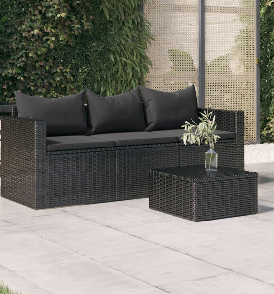 3-Sitzer-Gartensofa mit Kissen Schwarz Poly Rattan