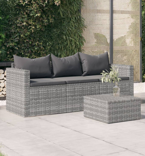 Gartensofa 3-Sitzer mit Kissen Grau Poly Rattan