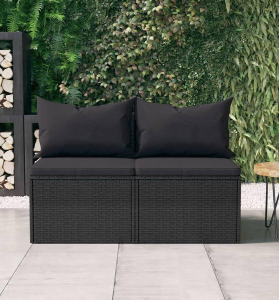 Garten-Mittelsofas mit Kissen 2 Stk. Schwarz Poly Rattan