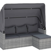 3-Sitzer-Gartensofa mit Dach und Fußhocker Grau Poly Rattan