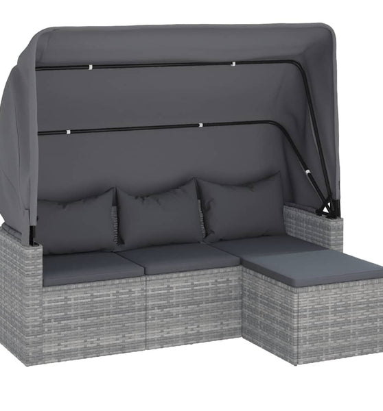 3-Sitzer-Gartensofa mit Dach und Fußhocker Grau Poly Rattan