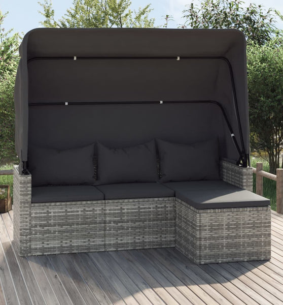 3-Sitzer-Gartensofa mit Dach und Fußhocker Grau Poly Rattan