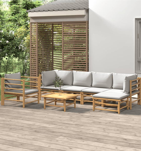 7-tlg. Garten-Lounge-Set mit Hellgrauen Kissen Bambus