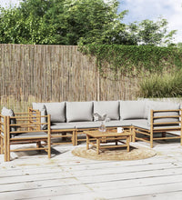 7-tlg. Garten-Lounge-Set mit Hellgrauen Kissen Bambus