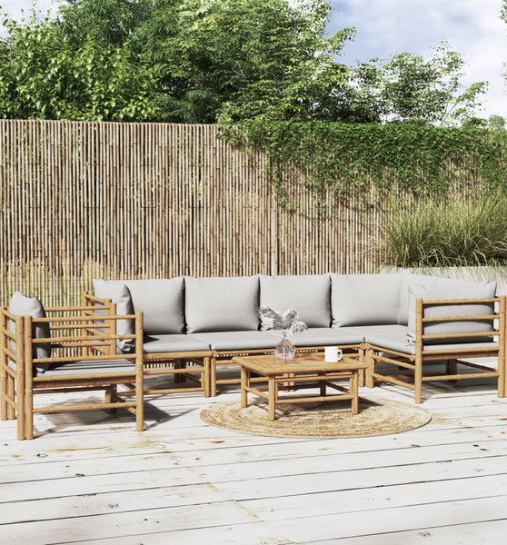7-tlg. Garten-Lounge-Set mit Hellgrauen Kissen Bambus