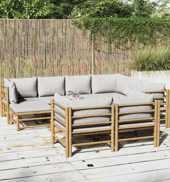 10-tlg. Garten-Lounge-Set mit Hellgrauen Kissen Bambus
