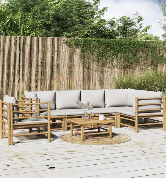 7-tlg. Garten-Lounge-Set mit Hellgrauen Kissen Bambus