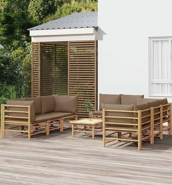 9-tlg. Garten-Lounge-Set mit Kissen Taupe Bambus