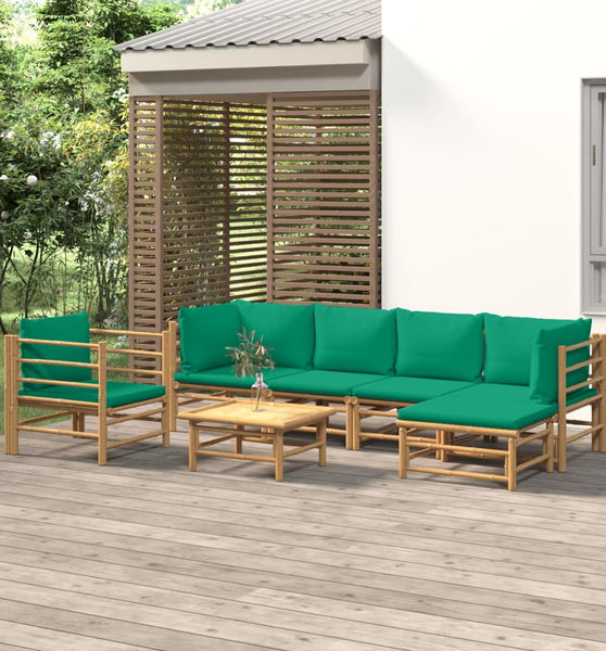 7-tlg. Garten-Lounge-Set mit Grünen Kissen Bambus