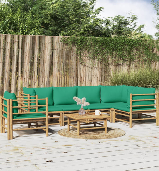 7-tlg. Garten-Lounge-Set mit Grünen Kissen Bambus