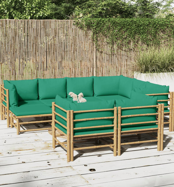 10-tlg. Garten-Lounge-Set mit Grünen Kissen Bambus