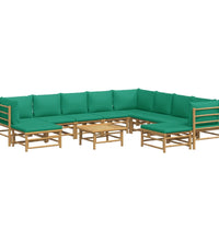 11-tlg. Garten-Lounge-Set mit Grünen Kissen Bambus