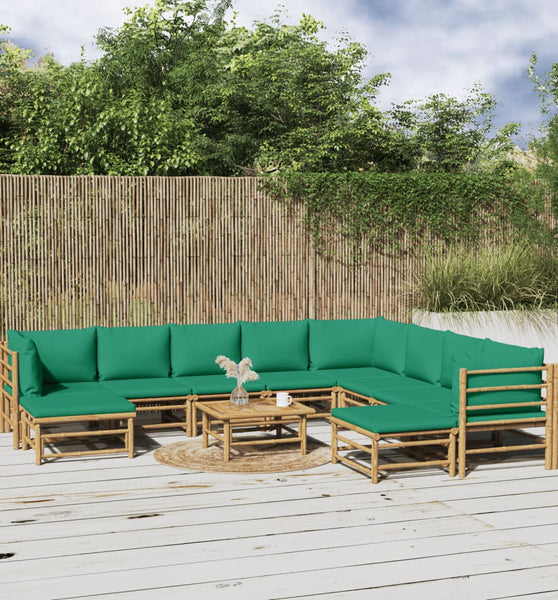 11-tlg. Garten-Lounge-Set mit Grünen Kissen Bambus
