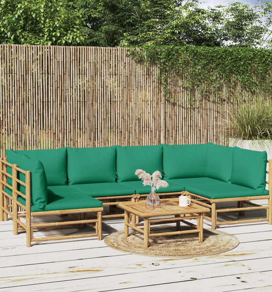 7-tlg. Garten-Lounge-Set mit Grünen Kissen Bambus