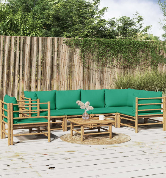 7-tlg. Garten-Lounge-Set mit Grünen Kissen Bambus