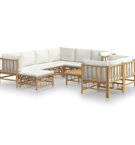 10-tlg. Garten-Lounge-Set mit Cremeweißen Kissen Bambus