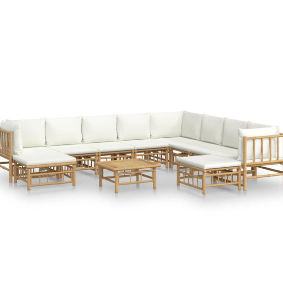 11-tlg. Garten-Lounge-Set mit Cremeweißen Kissen Bambus