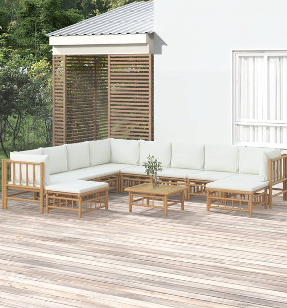11-tlg. Garten-Lounge-Set mit Cremeweißen Kissen Bambus