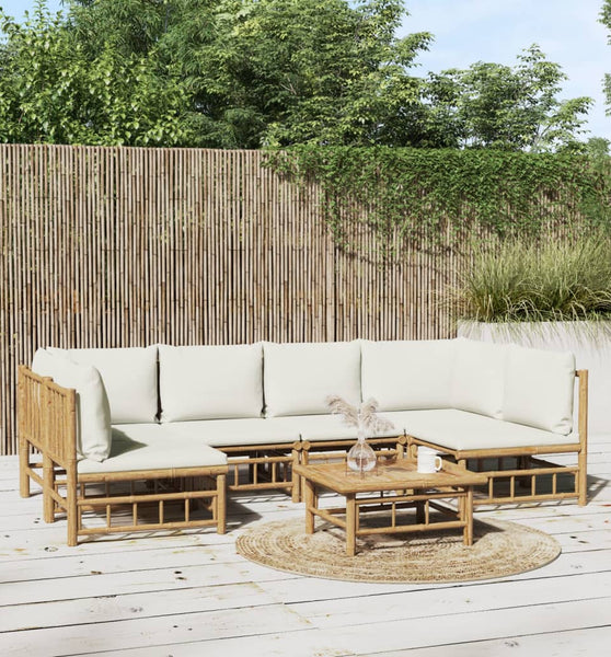 7-tlg. Garten-Lounge-Set mit Cremeweißen Kissen Bambus