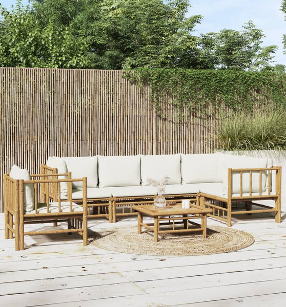 7-tlg. Garten-Lounge-Set mit Cremeweißen Kissen Bambus
