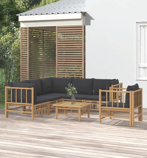 7-tlg. Garten-Lounge-Set mit Dunkelgrauen Kissen Bambus