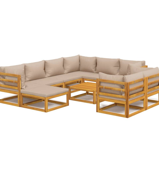 10-tlg. Garten-Lounge-Set mit Taupe Kissen Massivholz