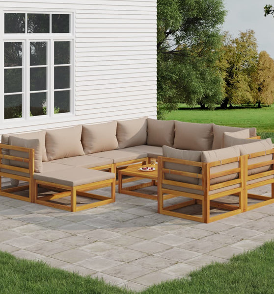 10-tlg. Garten-Lounge-Set mit Taupe Kissen Massivholz