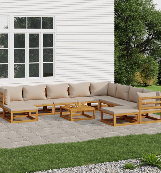 11-tlg. Garten-Lounge-Set mit Taupe Kissen Massivholz