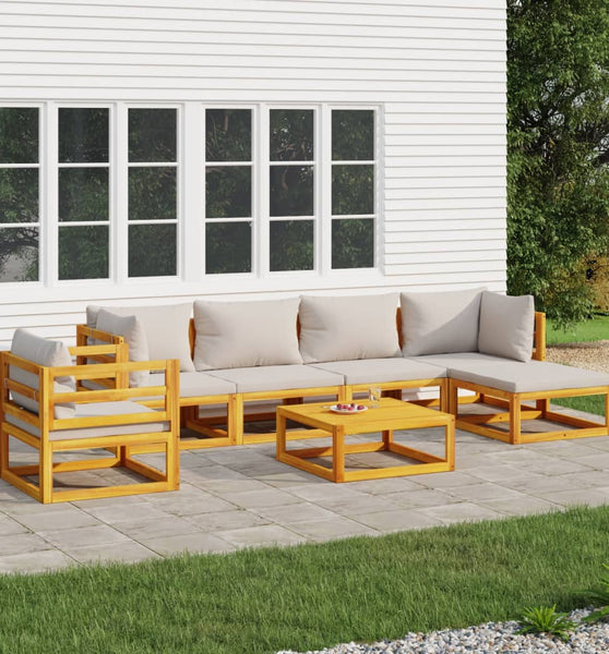 7-tlg. Garten-Lounge-Set mit Hellgrauen Kissen Massivholz