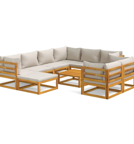 10-tlg. Garten-Lounge-Set mit Hellgrauen Kissen Massivholz