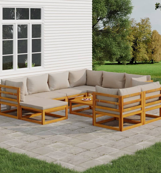 10-tlg. Garten-Lounge-Set mit Hellgrauen Kissen Massivholz
