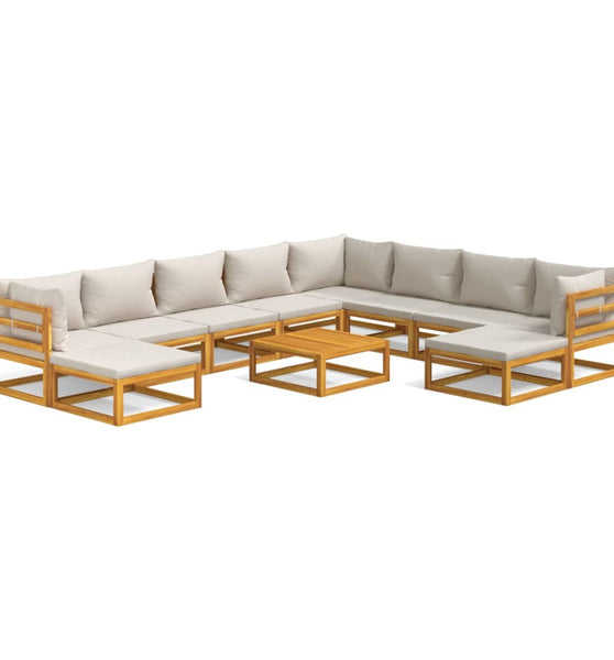 11-tlg. Garten-Lounge-Set mit Hellgrauen Kissen Massivholz
