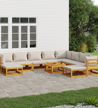 11-tlg. Garten-Lounge-Set mit Hellgrauen Kissen Massivholz