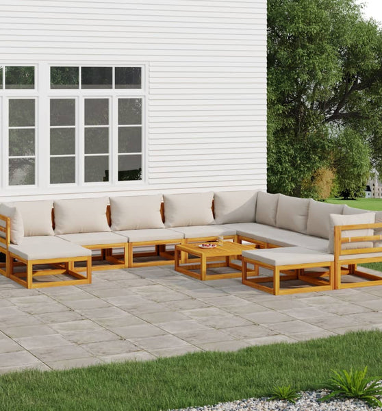 11-tlg. Garten-Lounge-Set mit Hellgrauen Kissen Massivholz