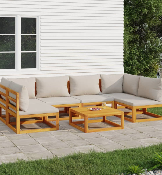 7-tlg. Garten-Lounge-Set mit Hellgrauen Kissen Massivholz