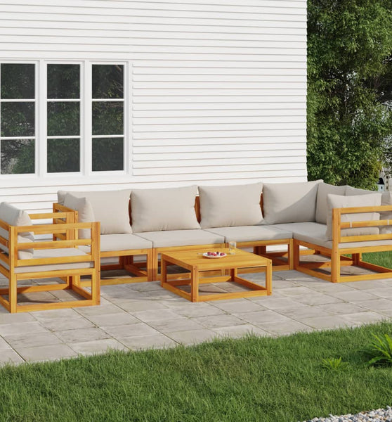 7-tlg. Garten-Lounge-Set mit Hellgrauen Kissen Massivholz