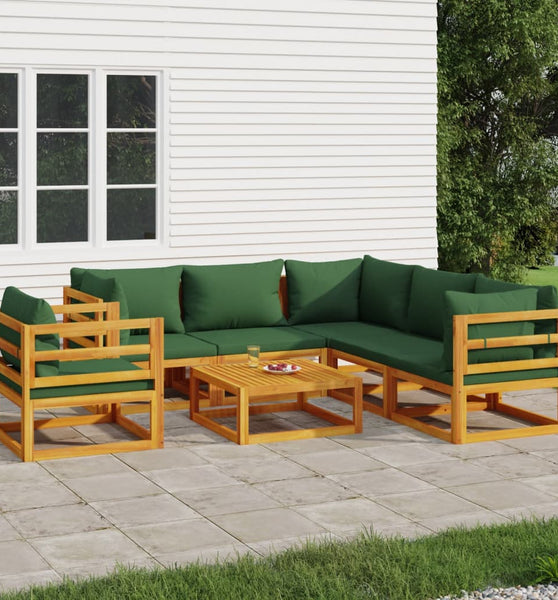 7-tlg. Garten-Lounge-Set mit Grünen Kissen Massivholz